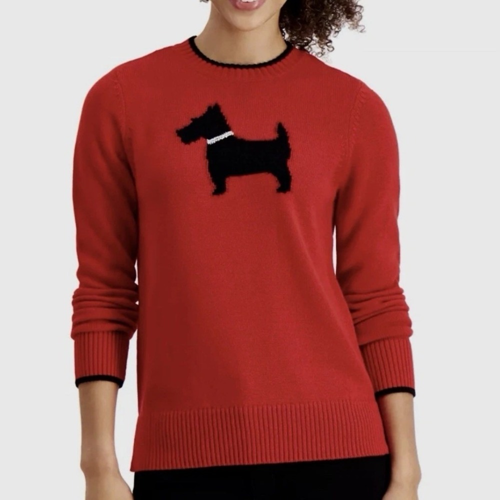 Red Scottie Dog Knit Sweater Black Trim Crew Neck Long Sleeve Women's‎ M Preppy